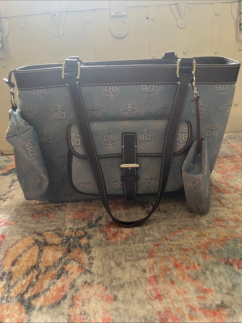 Vintage Dooney & Bourke Light Blue Logo Tote with Dark Brown Trim